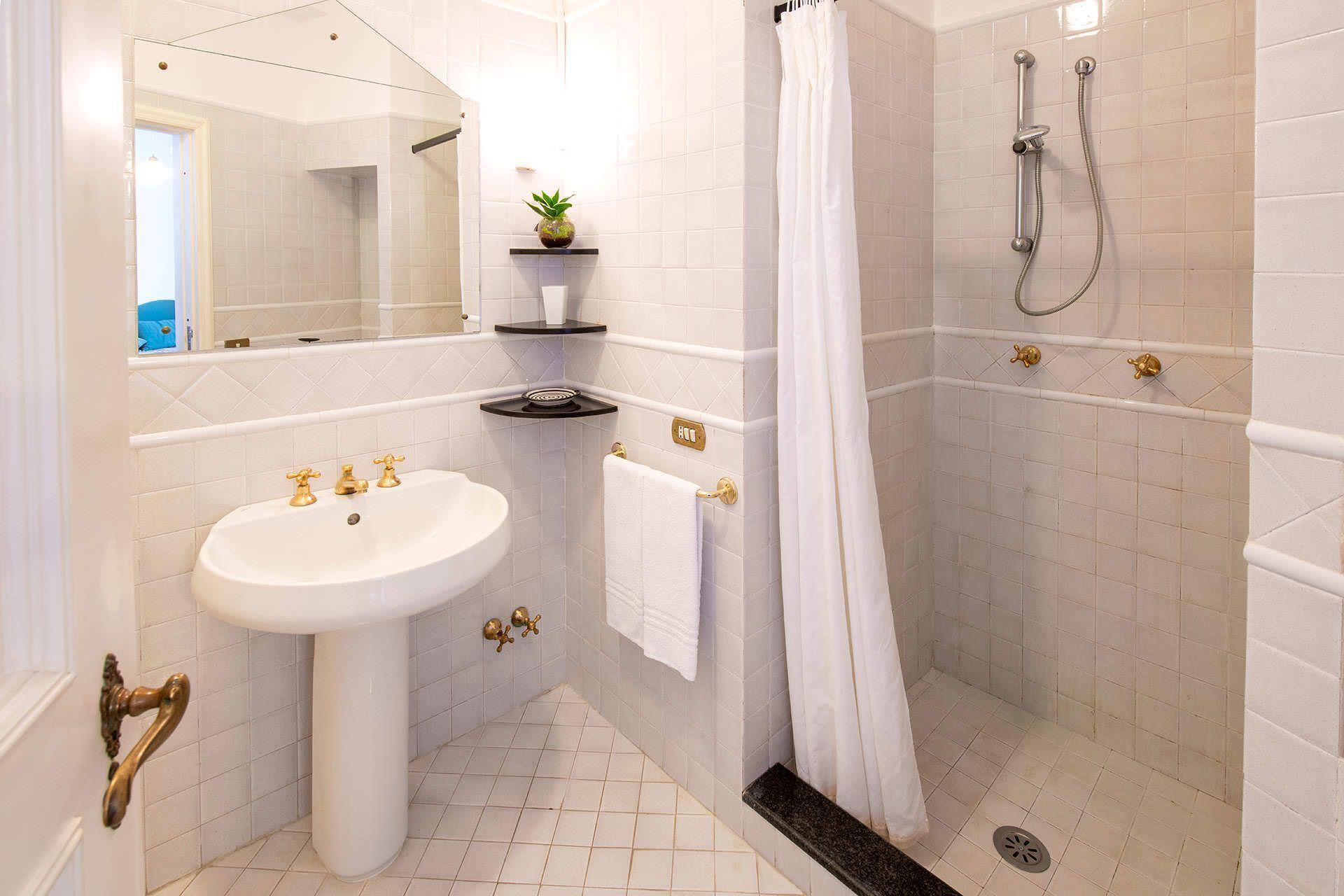 A bathroom with a pedestal sink, a shower with a glass door, and a small plant on a shelf.