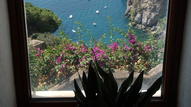 A coastal view with boats, cliffs, and bougainvillea flowers.