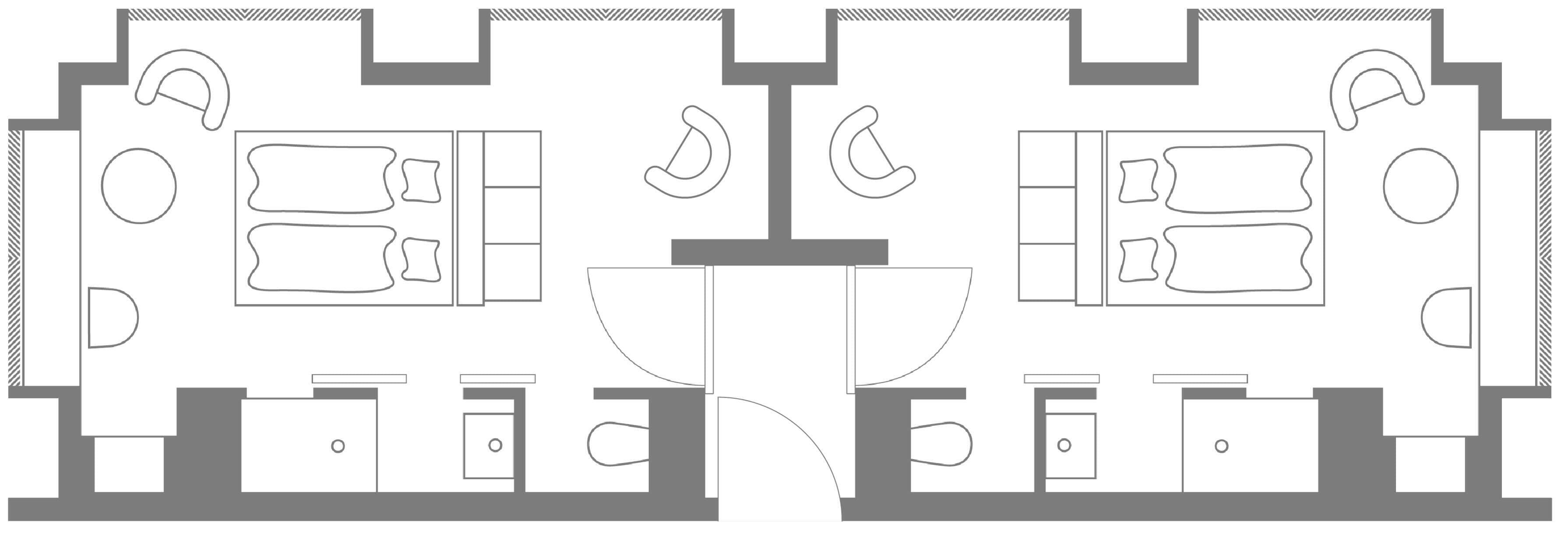 Plano de planta de un hotel con dos dormitorios, un baño, kitchenette y una zona central con lavamanos y espejo.