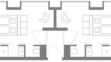 Plano de planta de un hotel con dos dormitorios, un baño, kitchenette y una zona central con lavamanos y espejo.