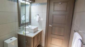 Et badeværelse med toilet, håndvask, spejl og bruseområde.