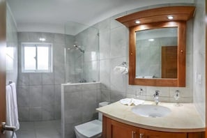 A bathroom with a shower, toilet, sink, and a large mirror. - Professionally Decorated Open Concept Villa (Cabarete)