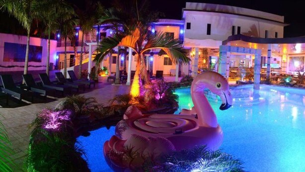 A swimming pool with a swan float, palm trees, and a building with illuminated windows. - Luxury 14 Bedroom Villa Walking to Clubs/beaches! (Sosúa)