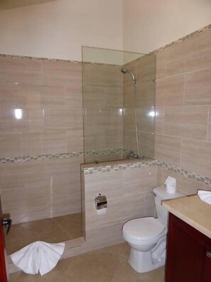 A bathroom with a glass-enclosed shower, a toilet, and a sink with a mirror. - Touch of Elegance! 6 Bedroom Near the Beach (Sosúa)