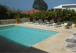 Ein rechteckiger Pool mit klarem, blauem Wasser, umgeben von einer gefliesten Liegefläche. Entlang des Poolrandes befinden sich mehrere Liegestühle, und ein weißer Zaun mit dekorativer Spitze trennt den Poolbereich von der umliegenden Bepflanzung.