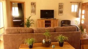 Una sala de estar con un sofá, un televisor y una mesa de centro con plantas en macetas.