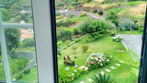 A view from a window overlooking a lush garden with a variety of plants and flowers, a paved pathway, and a hillside in the background. - Quinta do Serrado II (Porto Moniz)