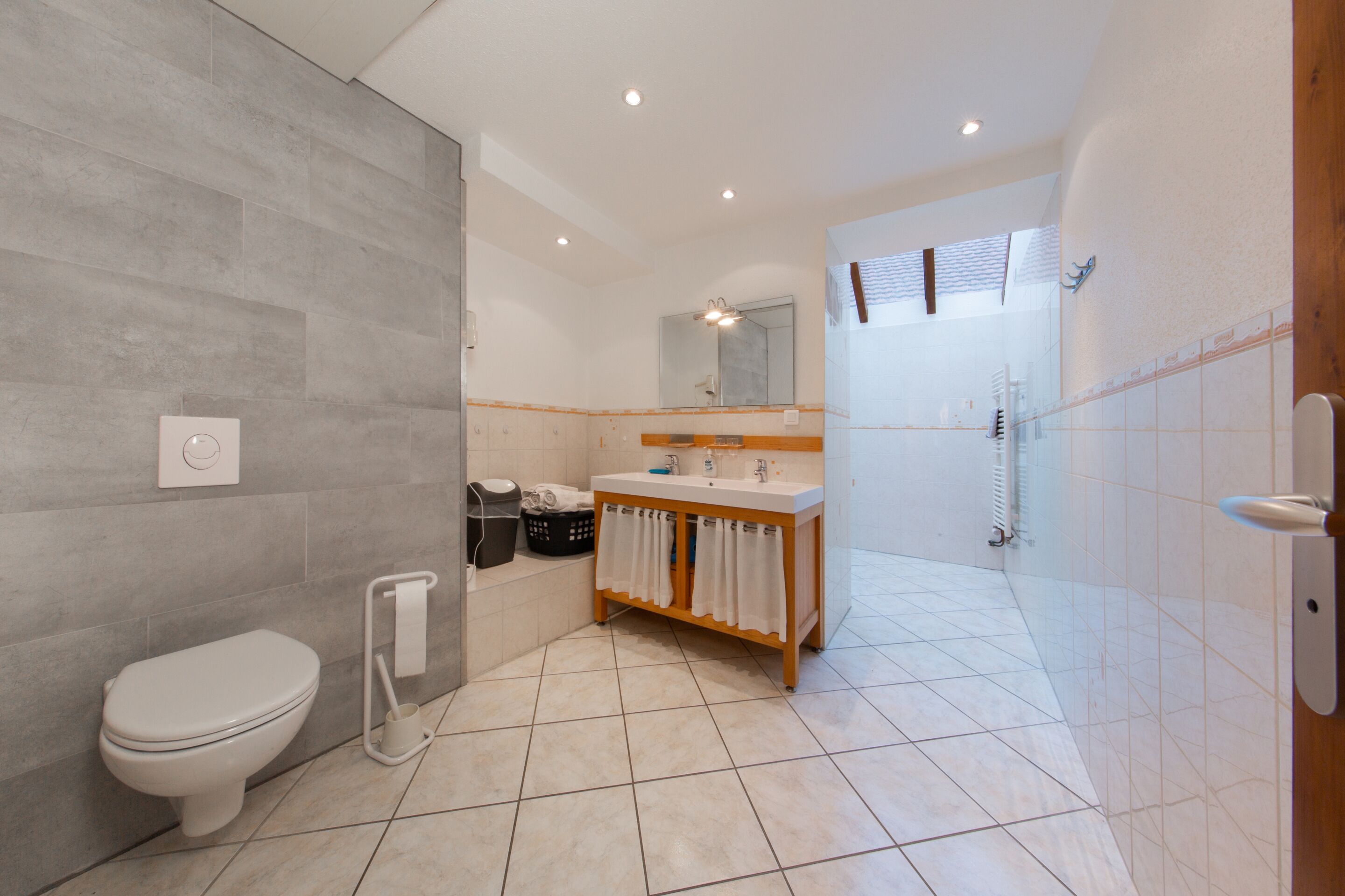 A modern bathroom with a toilet, sink, and shower area.