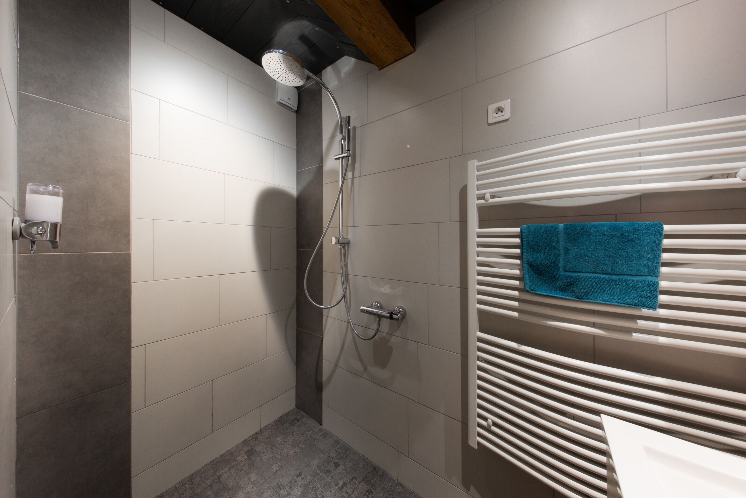 Un baño moderno con ducha, un perchero y una toalla azul, además de un dispensador de jabón.