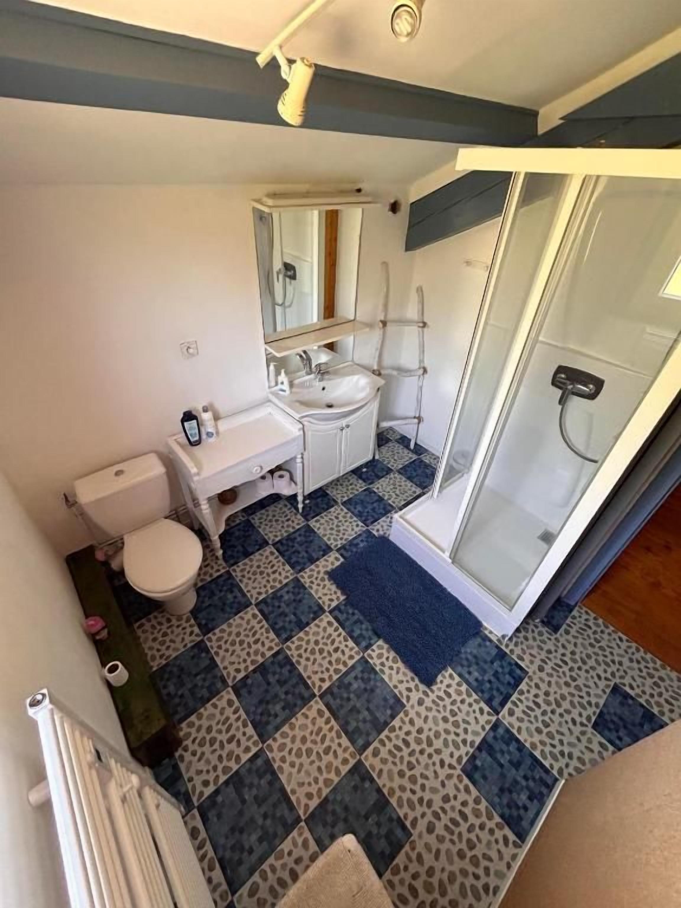 A bathroom with a shower, toilet, sink, and a mirror.