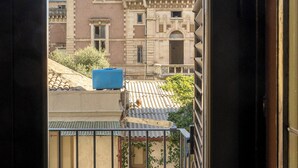 Vista desde una ventana que da a un edificio con tejado de tejas, un balcón con plantas en macetas y un contenedor azul en el tejado.