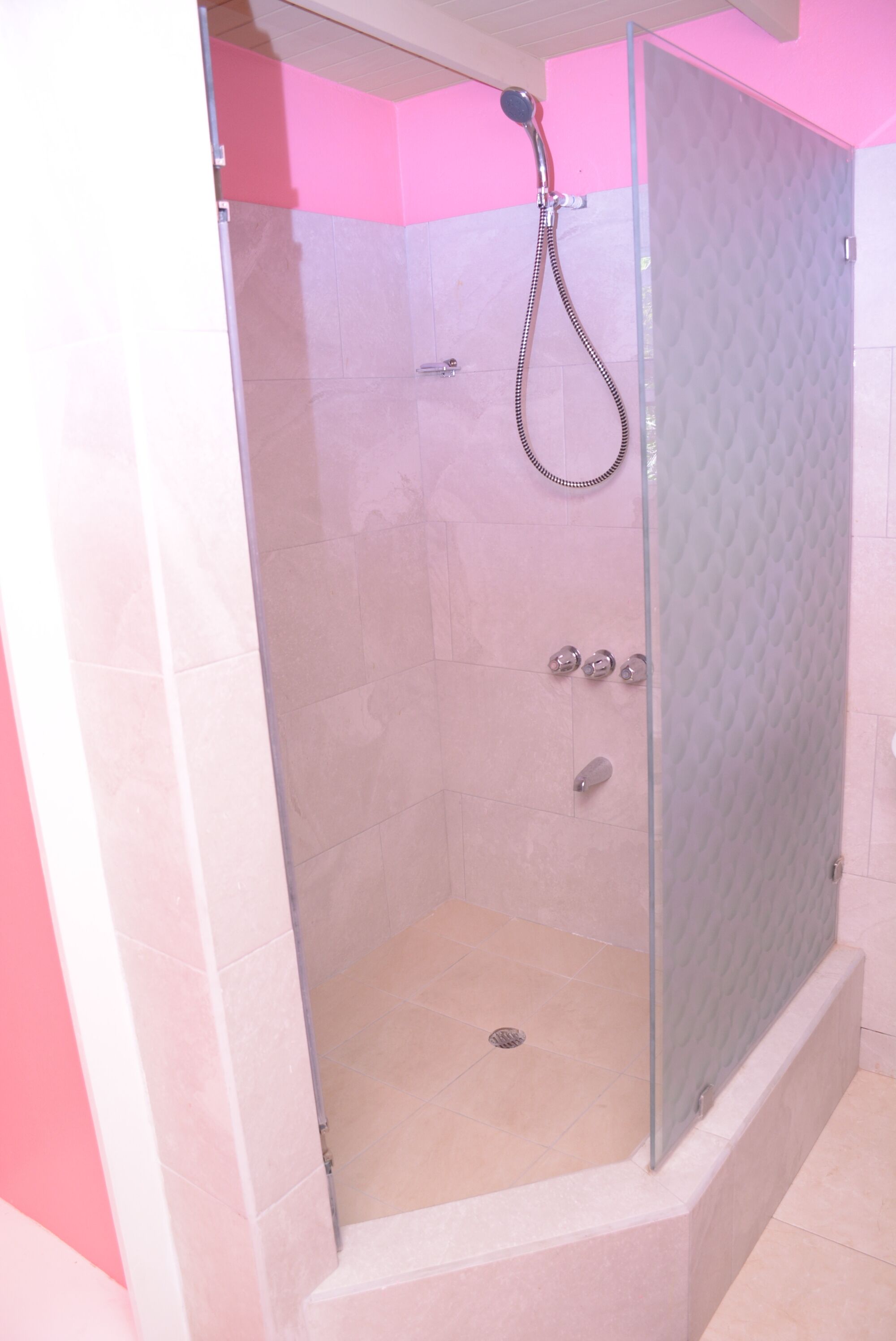 A glass-enclosed shower with a handheld showerhead, a wall-mounted control panel, and a tiled floor.