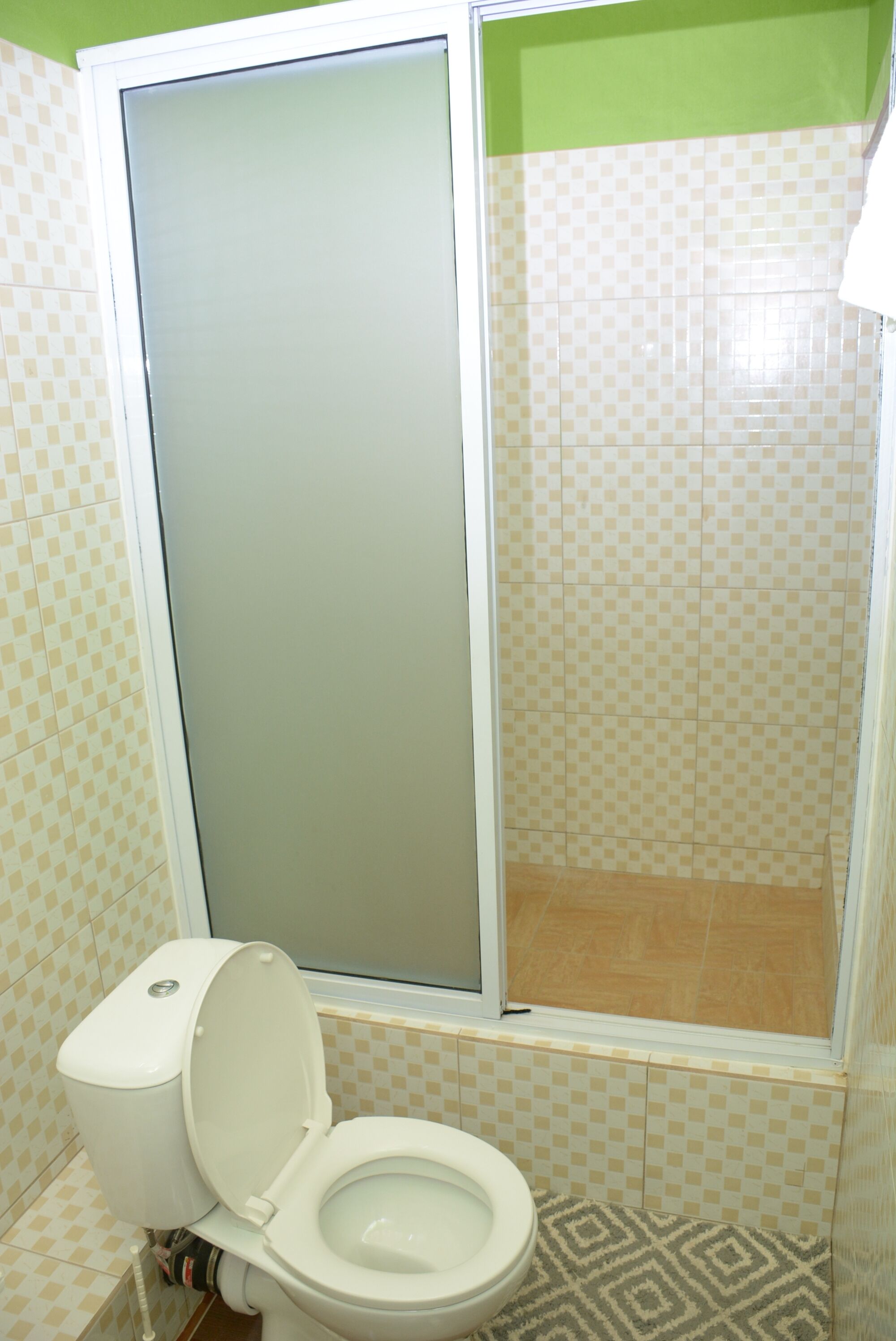 Un baño con inodoro, cabina de ducha y azulejos estampados.