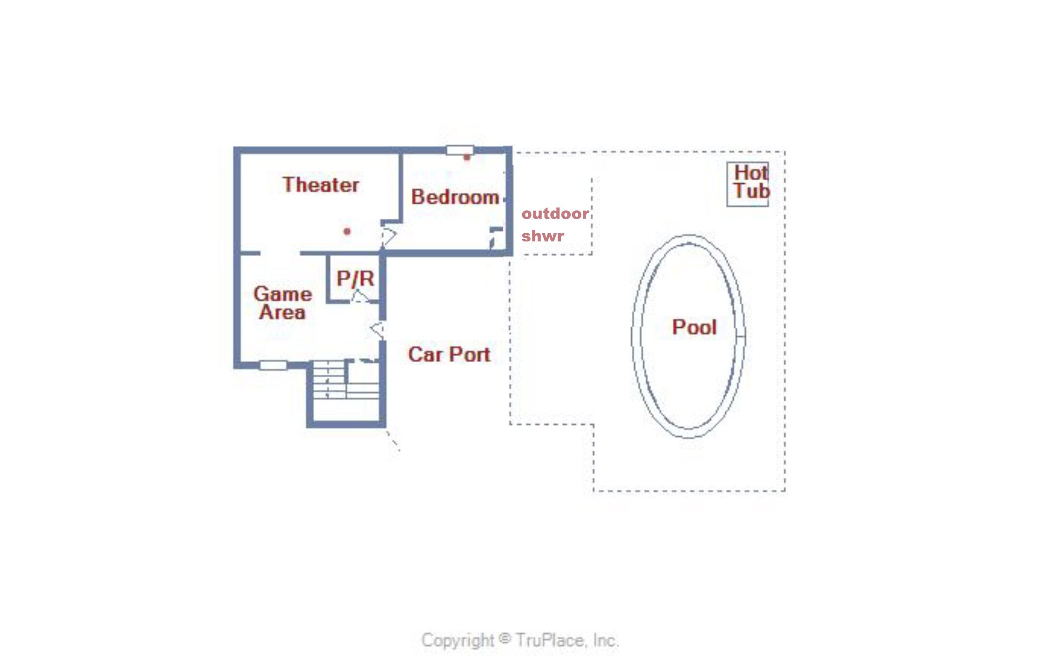 Un plan d’étage comprenant une salle de cinéma, une chambre, un espace de jeux, un abri pour voiture et une piscine.
