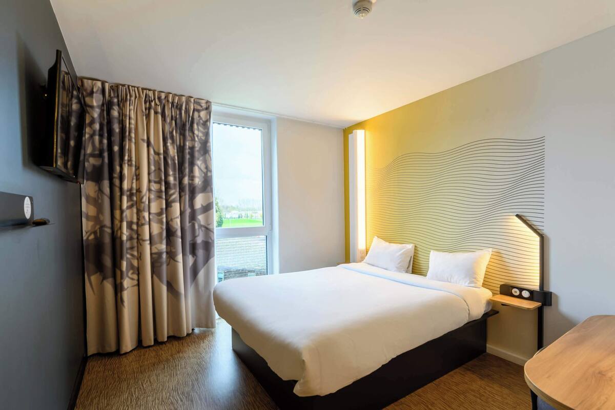 A hotel room with a large bed, a television on the wall, a bedside table with a lamp, and a view of the outdoors through the window.