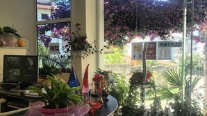 Un comptoir d’accueil agrémenté de plantes en pot, doté d’un ordinateur et offrant une vue sur un jardin grâce à de grandes fenêtres.