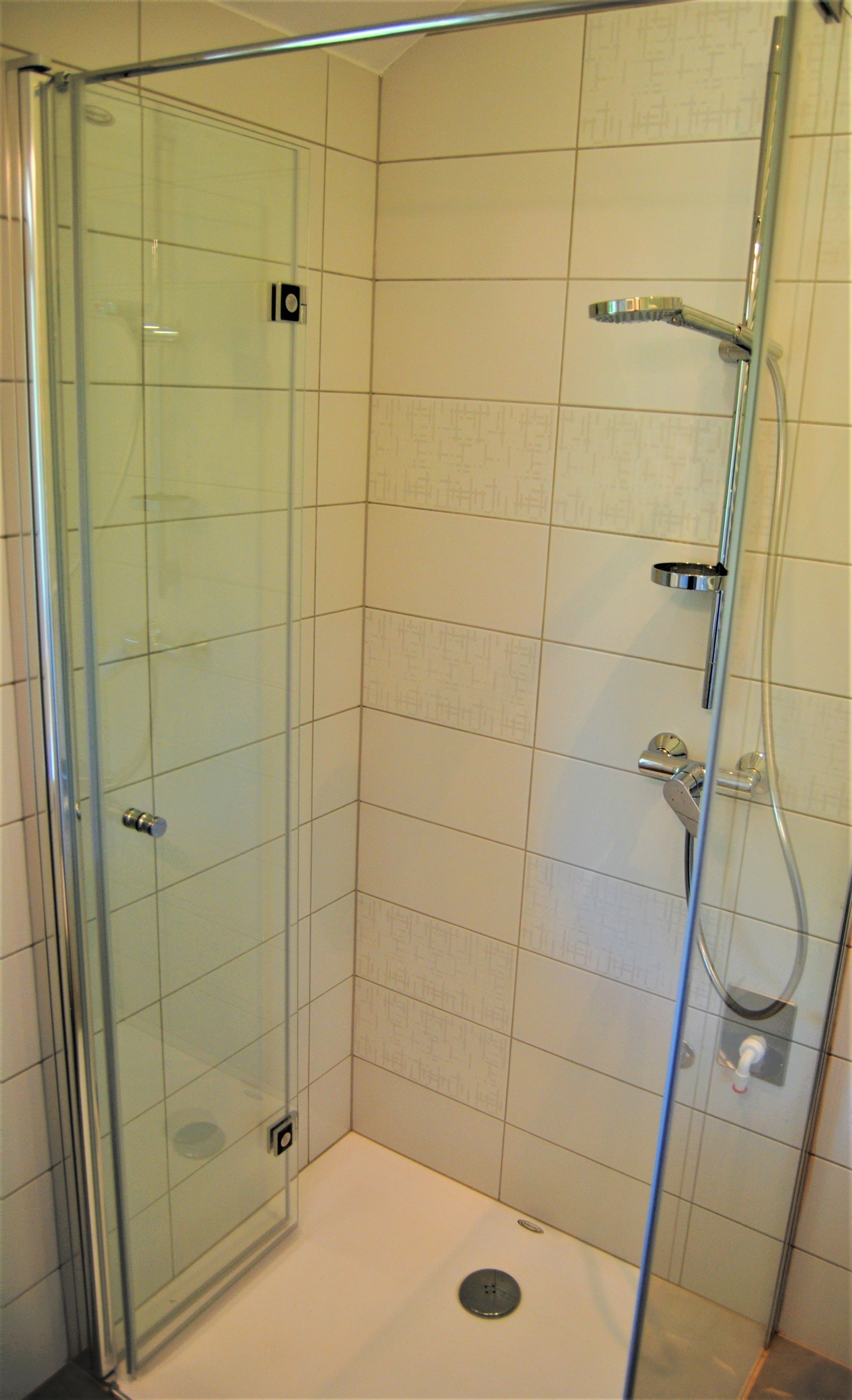 A glass-enclosed shower stall with a handheld showerhead and a wall-mounted faucet.