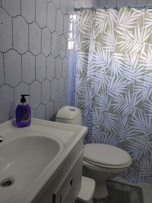 Een douche, handdoeken, toiletpapier