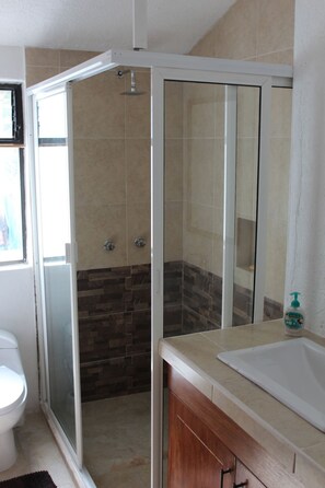 Shower, hair dryer, towels