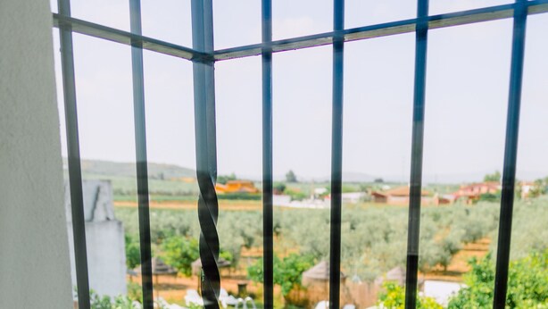 A view through a metal gate of a swimming pool surrounded by greenery and a tiled patio area. - San Antonio Rural House. Villa 2 (3 bedrooms) (Cabra (Córdoba))