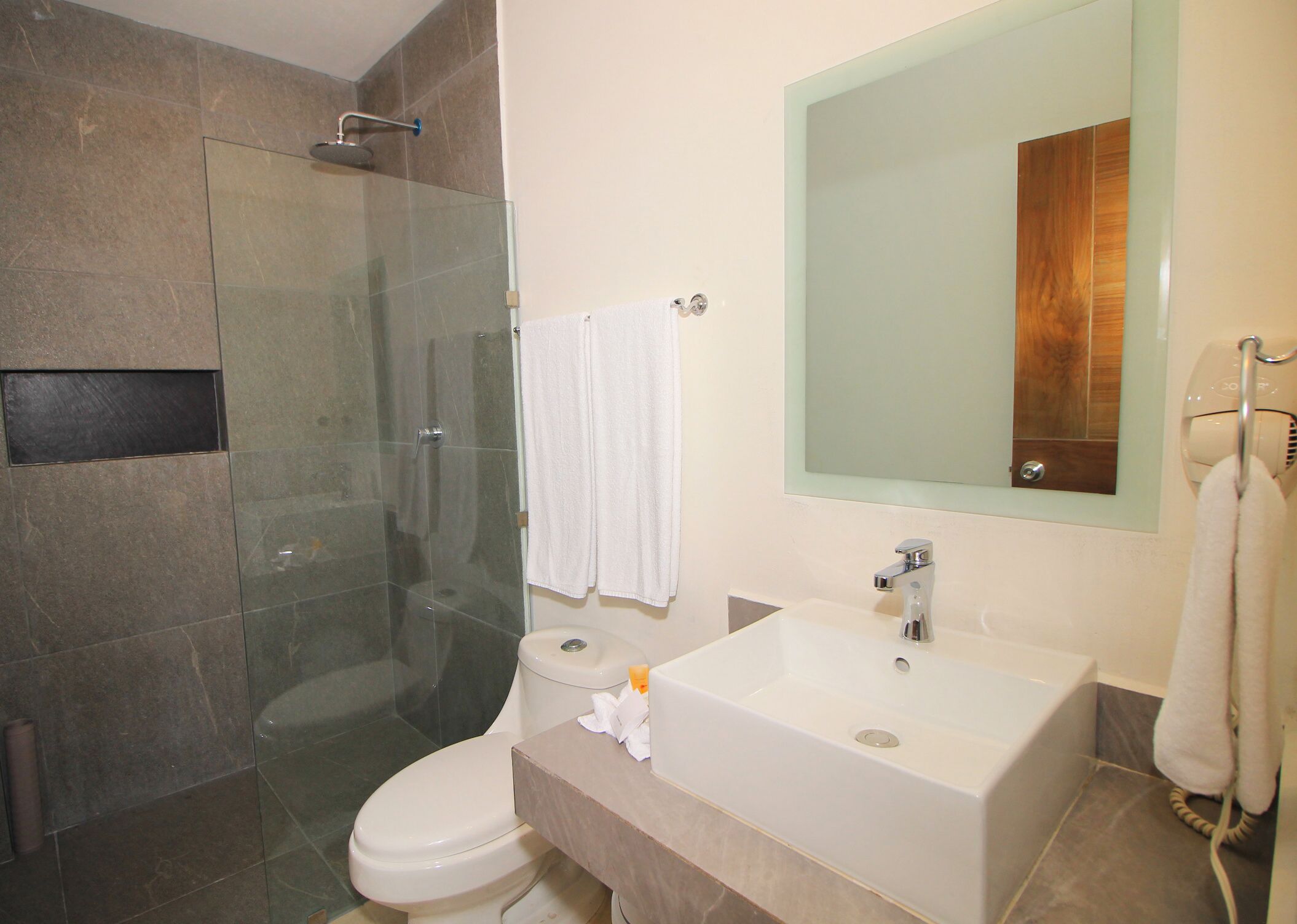 shower, rainfall showerhead, hair dryer, towels