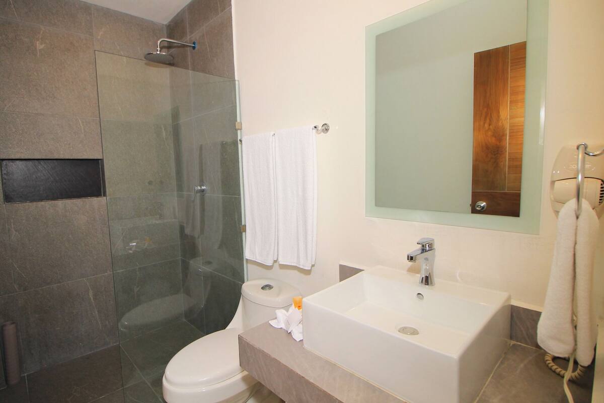 shower, rainfall showerhead, hair dryer, towels