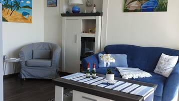 Télévision, cheminée, livres