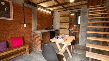 Fridge, dining tables