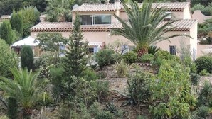 Ein Haus mit einem Ziegeldach, umgeben von verschiedenen Pflanzen und Bäumen.