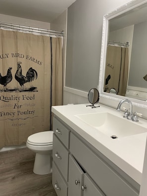 Combined shower/tub, hair dryer, towels, soap