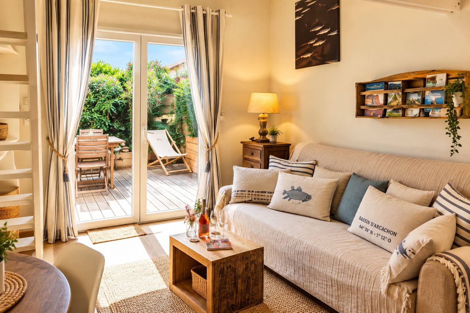 A cozy living room with a sofa, a coffee table, and a view of a garden through a glass door.