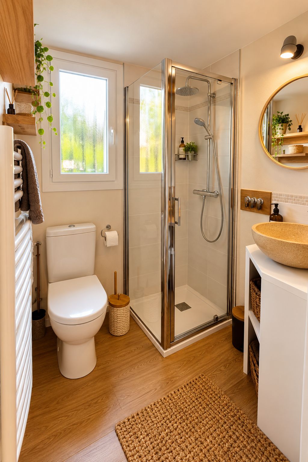 A modern bathroom with a glass-enclosed shower, a white toilet, and a wooden vanity.