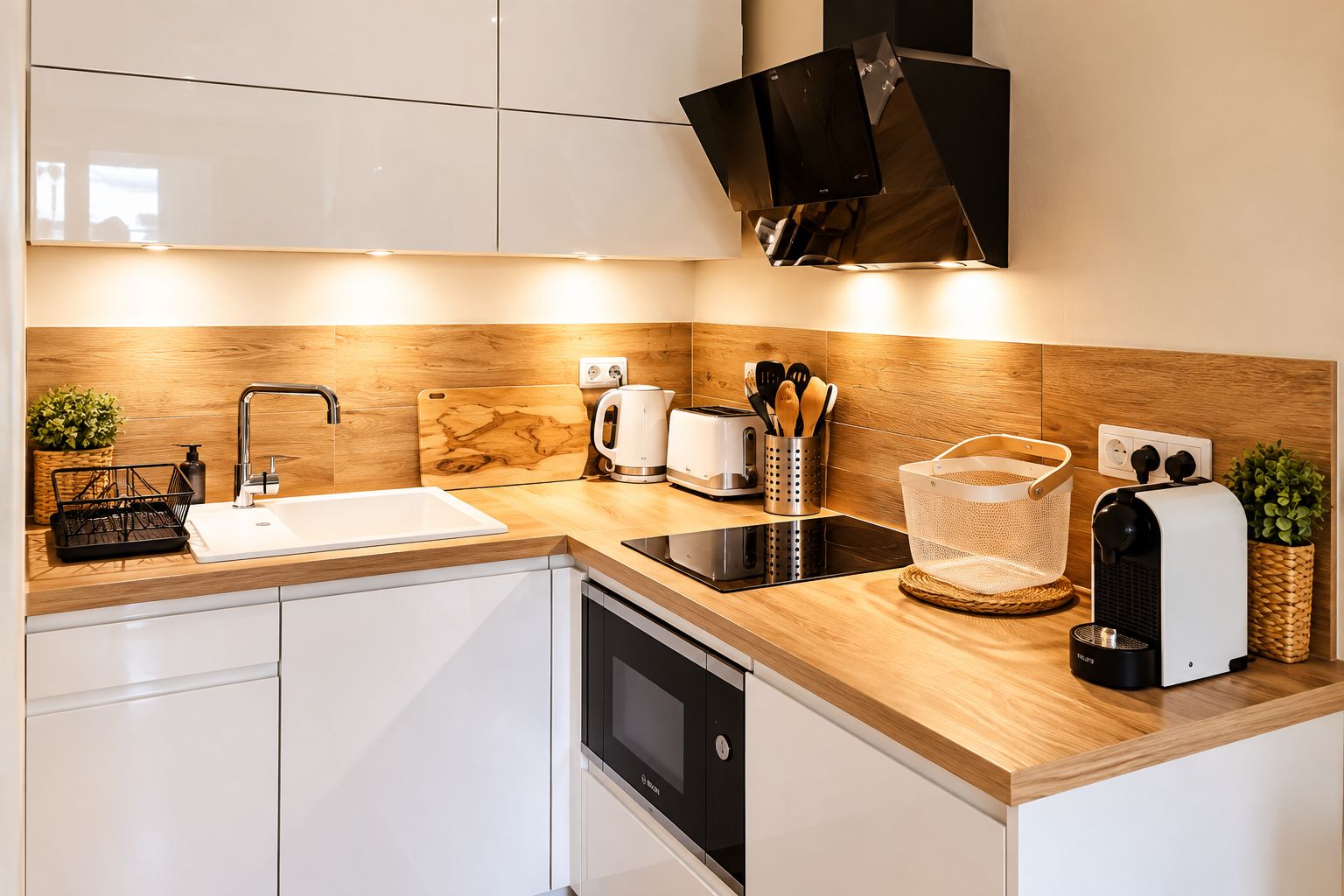 A modern kitchen with a wooden countertop, a sink, a toaster, a kettle, and a coffee maker.