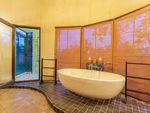 Bathtub, hair dryer, bidet, towels