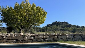 A clear swimming pool with a stone wall and a tree in the background. - A charming mas in Drôme provençale, a true family home (Puygiron)