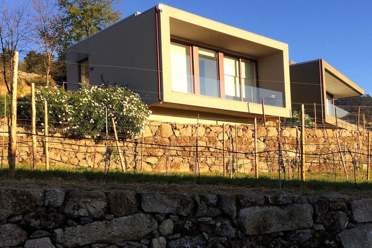 A modern building with a stone wall in front, a vineyard in the background, and a clear sky.