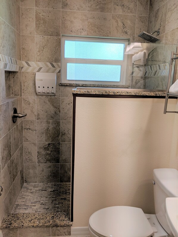 A bathroom with a shower, toilet, and a window.