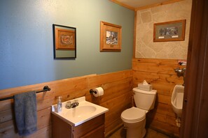 Combined shower/bathtub, towels, toilet paper