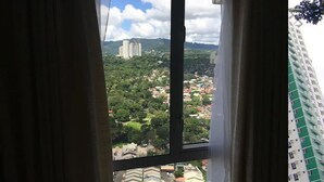 A view from a window with curtains, overlooking a residential area with multi-story buildings and greenery. - 27th Flr Condo 2 w/WIFI @ IT Park Avida Riala Twrs (Cebu City)