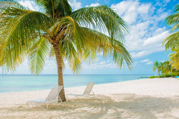 On the beach, sun-loungers, beach towels
