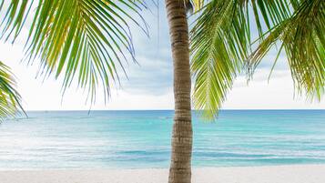 On the beach, sun-loungers, beach towels