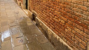 Un estrecho callejón de ladrillo con un edificio que tiene una puerta y ventanas.