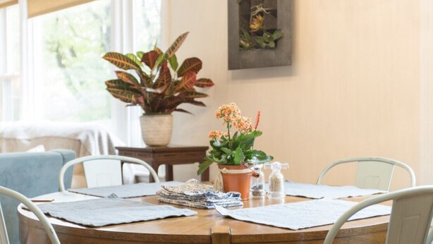 Une table de salle à manger ronde en bois, avec des chaises blanches, une plante en pot et un petit vase avec des fleurs.