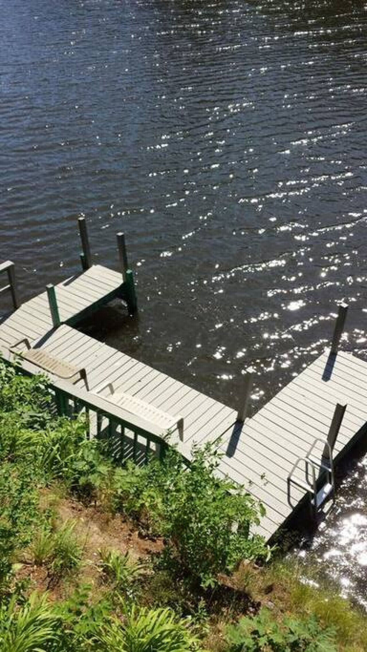 Een houten steiger die uitsteekt in het water, omringd door groen.
