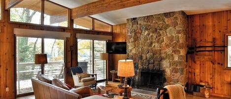 Smart TV, fireplace, books