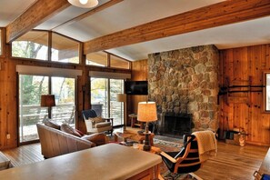 Smart TV, chimenea y libros 