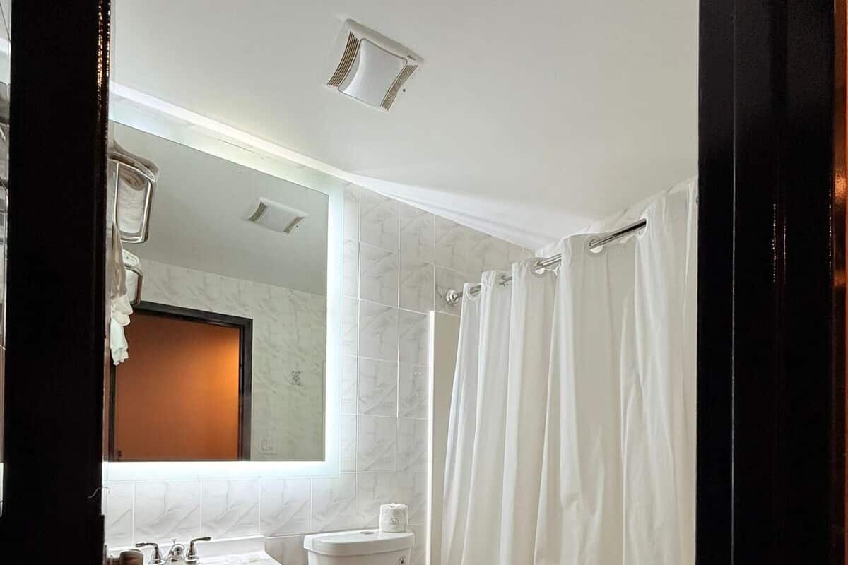 A bathroom with a white toilet, a sink, and a shower curtain.