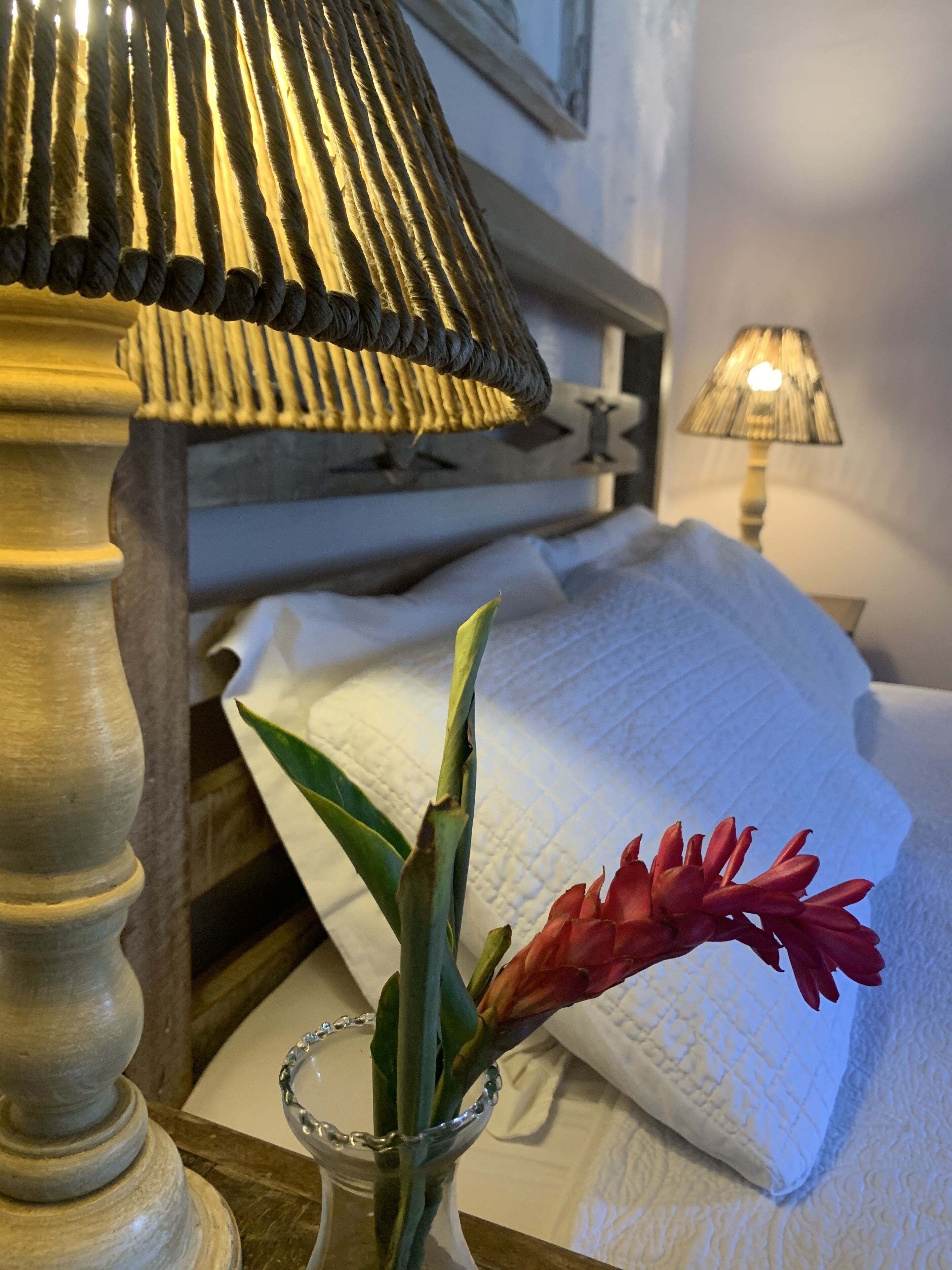 A bed with white bedding, a bedside lamp, and a vase with a red flower.