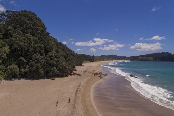 A beach with a sandy shore and a forested hill in the background.