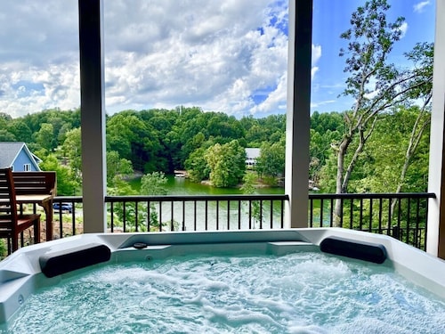 Foothills Retreat, New Lakefront Luxury w/ Covered Decks + Hot Tub, Fire Pit Terrace, Dock & More!